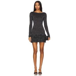 MAJORELLE Vira Lurex Mini Dress‎ Black Gold Silver Metallic Ruffle Small Revolve